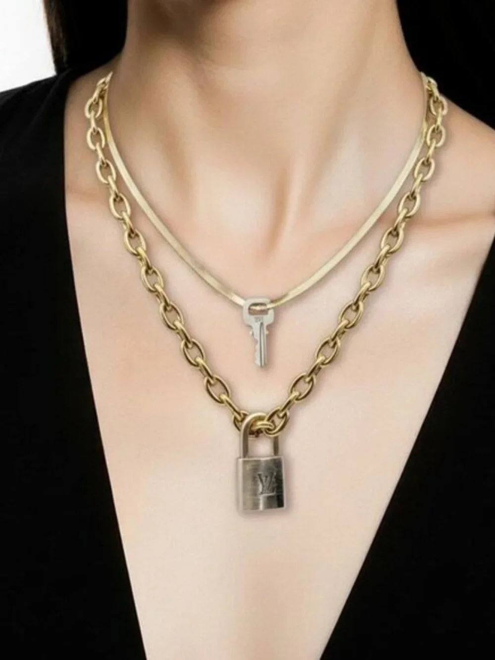 Authentic Louis Vuitton Padlock w/unbranded 18k GoldPlated stainless DoubleChain